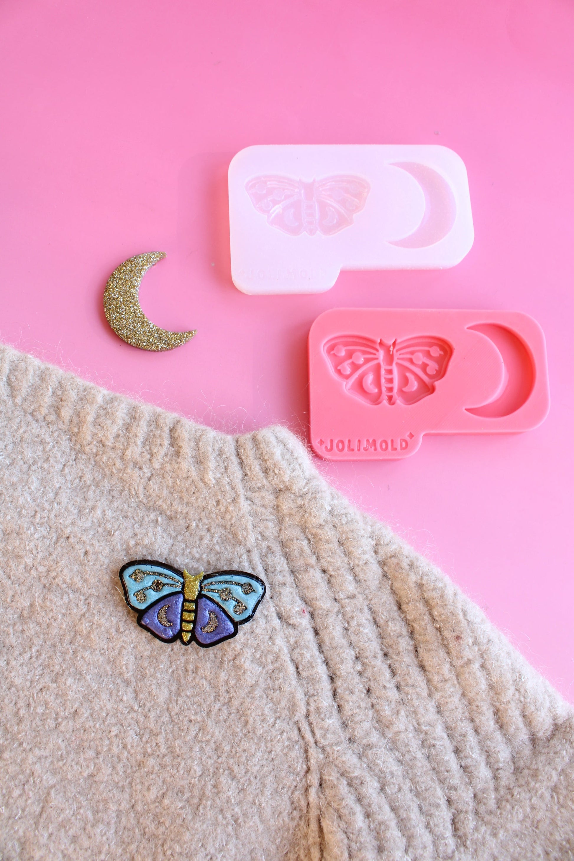 Moule silicone broche MAGIC - Papillon + lune